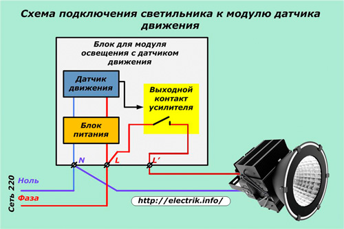 
          Типовые схемы подключения датчика движения для освещения
 

