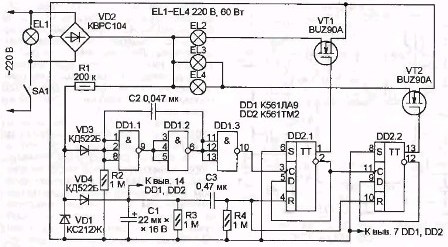 
          Схемы управления люстрой по двум проводам с использованием полупроводников